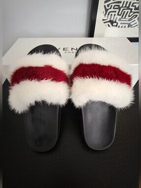 Givenchy White and Red Real Mink Fur Slides